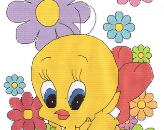 Tweety Bird in Flowers Cross Stitch Pattern Instant Digital Download