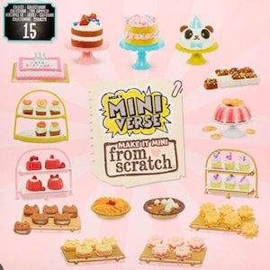 May include: A collection of miniature cakes, cupcakes, and pastries on various stands and trays. The image includes a pink and white cake, a red and white cake, a yellow cake with pink frosting, a panda cake, and a variety of cupcakes. The image also includes the text "MGA's Mini Verse Make it Mini from scratch".