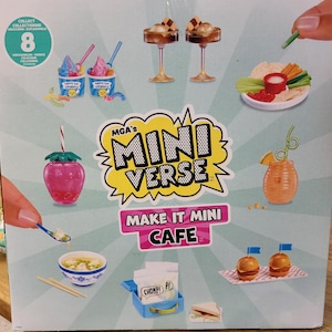 May include: A colorful image showcasing miniature food items from the MGA's Mini Verse Make It Mini Cafe collection. The image includes mini desserts, drinks, and savory dishes, such as ice cream, a strawberry-shaped drink, and mini burgers.