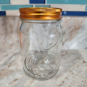 Pint Glass Mason Jar with Embossed Pumpkin Design 16oz Fall Deisgn