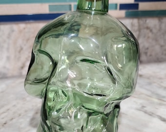 Green Skull Glass Container or Decor Bottle