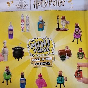 May include: A collection of miniature potion bottles from the Wizarding World of Harry Potter. The bottles are various shapes and colors, including purple, blue, and green, with cork stoppers and decorative labels. The set is part of the MGA's Mini Verse collection.