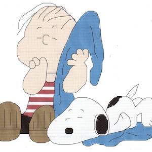 Patrón de punto de cruz de Linus y Snoopy durmiendo sobre una manta Descarga digital