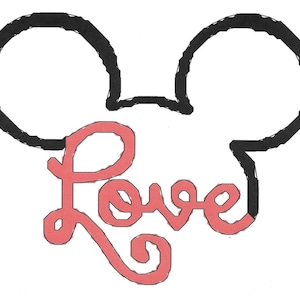 May include: Black and white outline of Mickey Mouse ears with the word "Love" written in pink cursive inside the ears.