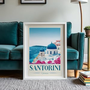 Santorini Greece Travel Poster: Blue Dome Church, Coastal Wall Art (Digital Download)