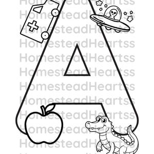 Dibujos para colorear de la A a la Z – Actividad de aprendizaje del ABC imprimible en PDF para niños – Reconocimiento de letras y fonética – Recurso para niños en edad preescolar
