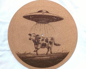 Cow UFO Abduction--Turntable platter mat, slip mat