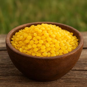May include: A wooden bowl filled with yellow wax beads. The beads are small, round, and evenly distributed, creating a textured surface. The bowl is made of dark brown wood and sits on a weathered wooden surface, with a blurred green background.