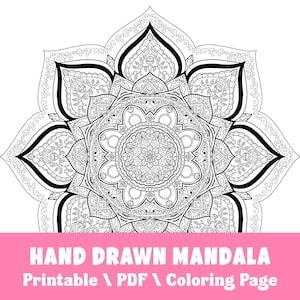 Hand-Drawn Mandala Coloring Page, Printable Mandala Art, Digital Download Coloring Sheet, Mindful Relaxation Adult Coloring Page