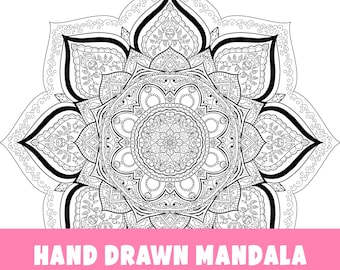 Hand-Drawn Mandala Coloring Page, Printable Mandala Art, Digital Download Coloring Sheet, Mindful Relaxation Adult Coloring Page