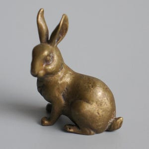 May include: A small, solid brass figurine of a rabbit in a seated position. The metal has a muted, aged gold-toned finish with visible texture and natural variations in colour across the surface, depicting the ears, eyes, and body shape.