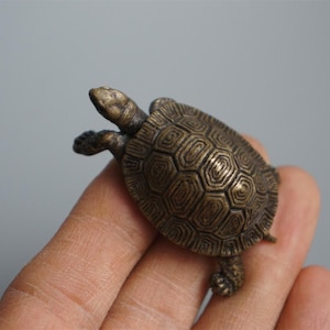 May include: A small, antique-style bronze turtle figurine featuring a detailed, textured shell with a geometric pattern. The metal surface displays a dark, weathered patina with highlights on the raised edges of the shell and the head.