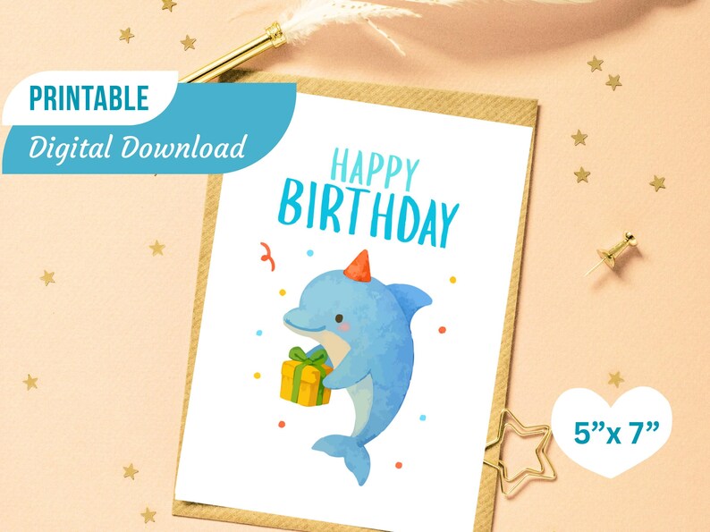 Dolphin Birthday Card for Kids: Printable 5x7 (digital Download) - Etsy