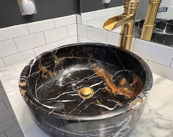 Handmade Portoro Black Marble Vessel Sink – Round Italian Stone Basin