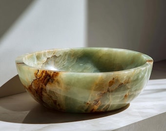 Handcrafted Green Onyx Marble Vessel Sink – Round Bathroom Vanity Bowl – Natural Stone Wash Basin – Luxury Countertop Sink