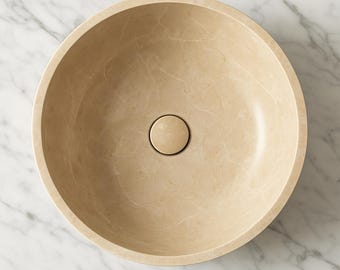 Handcrafted Beige Botticino Marble Vessel Sink – Round Countertop Vanity Basin, Luxury Natural Stone Bathroom Bowl