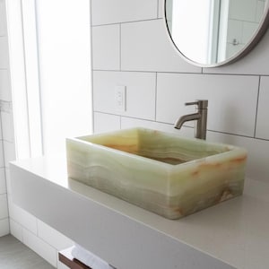 14-Inch Green Onyx Rectangular Vessel Sink | Polished Stone Bathroom Basin | Handmade Flat Base Vanity Sink | Natural Marble Wash Bowl image 4