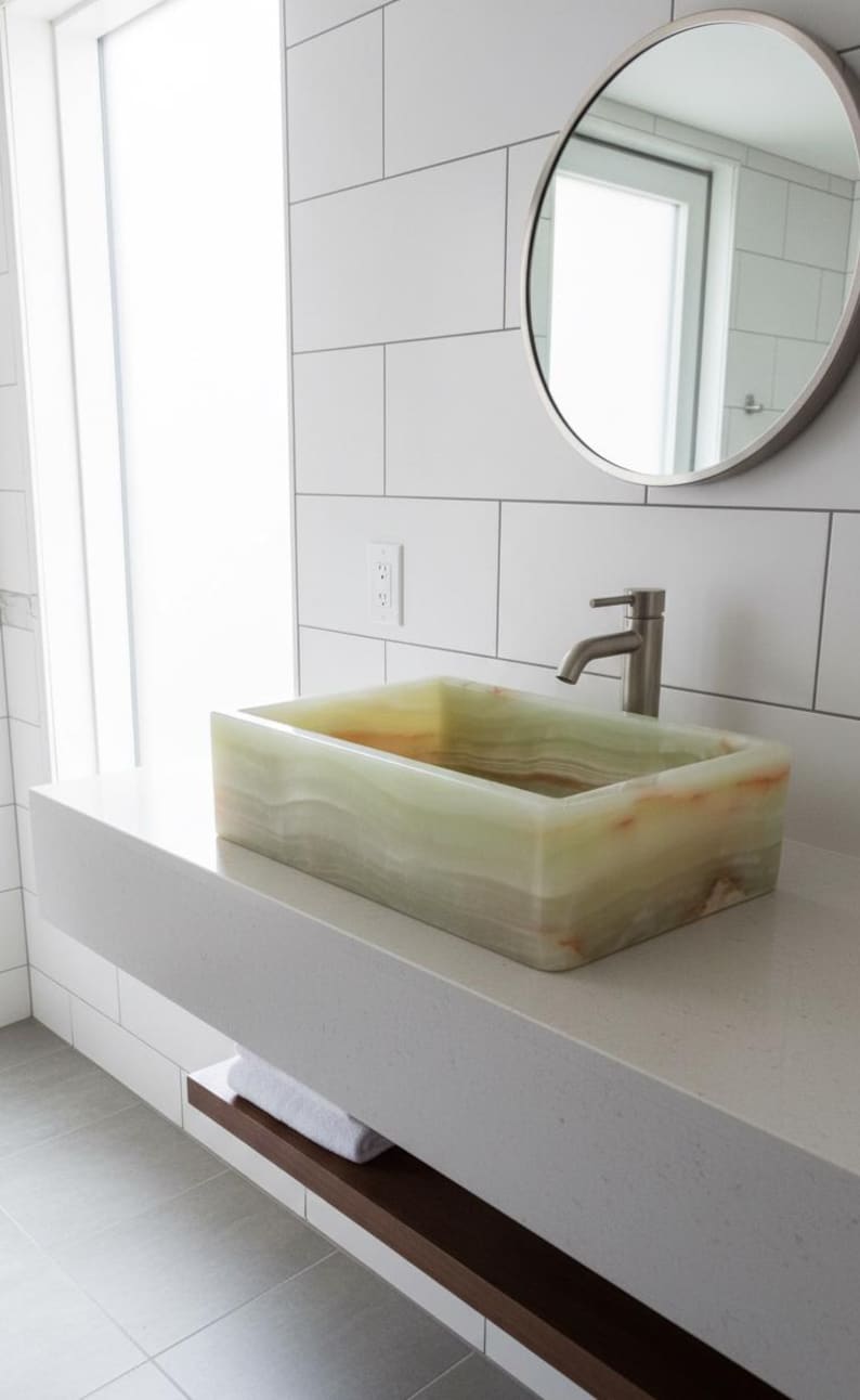 14-Inch Green Onyx Rectangular Vessel Sink | Polished Stone Bathroom Basin | Handmade Flat Base Vanity Sink | Natural Marble Wash Bowl image 4