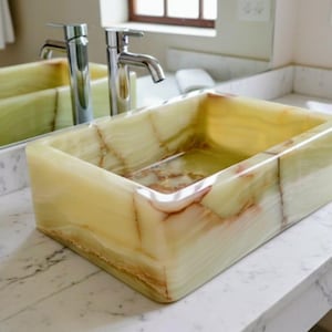 14-Inch Green Onyx Rectangular Vessel Sink | Polished Stone Bathroom Basin | Handmade Flat Base Vanity Sink | Natural Marble Wash Bowl image 6