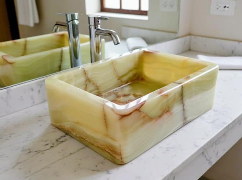 14-Inch Green Onyx Rectangular Vessel Sink | Polished Stone Bathroom Basin | Handmade Flat Base Vanity Sink | Natural Marble Wash Bowl image 6
