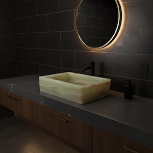 14-Inch Green Onyx Rectangular Vessel Sink | Polished Stone Bathroom Basin | Handmade Flat Base Vanity Sink | Natural Marble Wash Bowl image 5
