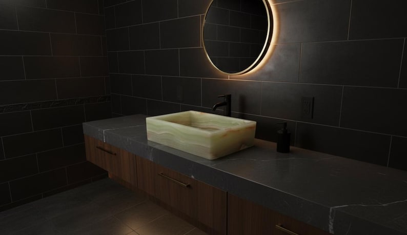 14-Inch Green Onyx Rectangular Vessel Sink | Polished Stone Bathroom Basin | Handmade Flat Base Vanity Sink | Natural Marble Wash Bowl image 5