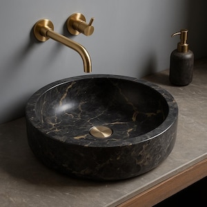 Lavabo de mármol negro Portoro de 35,5 cm (14 pulgadas), lavabo redondo de base plana, lavabo de lujo de piedra natural hecho a mano.