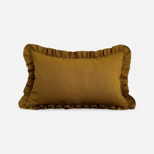 Ruffle Edge Linen Cushion Cover – Mustard – 100% Thick Stonewashed Linen – Essential Elegance Collection – Lumbar 30x50 Frill Pillow Cover