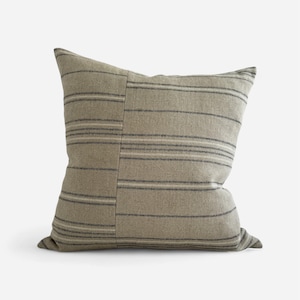 Dune Striped Linen Pillow Cover – Natural & Black – Stonewashed Thick Rustic Linen – Vintage-Inspired – 50x50 60x60 Designer Cushion Cover