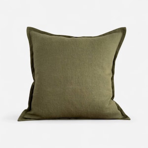 Olive Green Linen Cushion Cover – Throw Pillow – Stonewashed Natural Fabric – 100% Linen – Flanged Edge – Handmade Luxury Pillow Cover