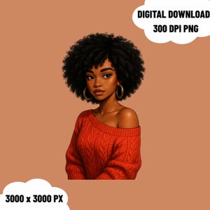 Mooie zwarte vrouwen png – afro meisje clipart melanine koningin zwart meisje magie krullend haar rode trui Afro-Amerikaanse vrouw digitale kunst