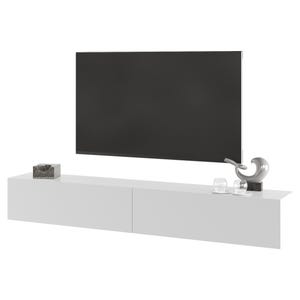 Może przedstawiać: Wisząca biała szafka pod telewizor z dwoma gładkimi panelami przednimi, umieszczona pod dużym telewizorem z płaskim ekranem. Na górnej powierzchni znajduje się mały kwadratowy pojemnik, dwie przezroczyste szklane miseczki oraz srebrna abstrakcyjna rzeźba.