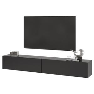 Może przedstawiać: Nowoczesna, ciemnoszara, wisząca szafka RTV z dużym, czarnym prostokątnym telewizorem zamontowanym powyżej. Elementy dekoracyjne obejmują małe, przezroczyste pudełko i srebrną rzeźbę.