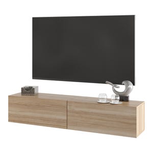 Könnte beinhalten: Ein hellbrauner TV-Schrank aus Holz mit zwei Türen, einem großen schwarzen Fernseher und dekorativen Gegenständen. Die Dekoration umfasst eine kleine Marmorbox, zwei klare Gläser und eine silberne Skulptur.