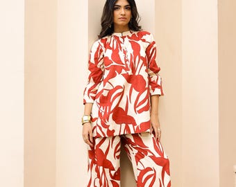 Bold Red Floral Co-Ord Set | Cotton Kurta and Pants for Women | Artistic Summer Coord Outfit | Modern Ethnic Lounge Wear