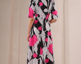 Black Pink Floral Shirt Dress,Summer Midi Button Down Dress,Cottagecore Collared Dress,Modest Flowy Dress with Pockets,Boho Picnic Dress