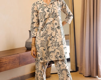 Abstract Face Cotton Co-Ord Set | Beige Black Kurta with Pants | Modern Art Print Coord | Artistic Ethnic Lounge Set | Boho Indie Outfit