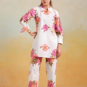 White Floral Kurta & Pants Set  Pink Orange Bloom Print Cotton Tunic Pakistani Style  Bohemian Ethnic Spring Summer Casual Outfit for Women