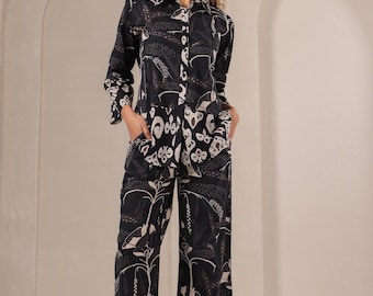 Black Boho Print Co-ord Set for Women | Indie Style Shirt & Pants Set | Handcrafted Cotton Co-ord | Ethnic Modern Two Piece Outfit