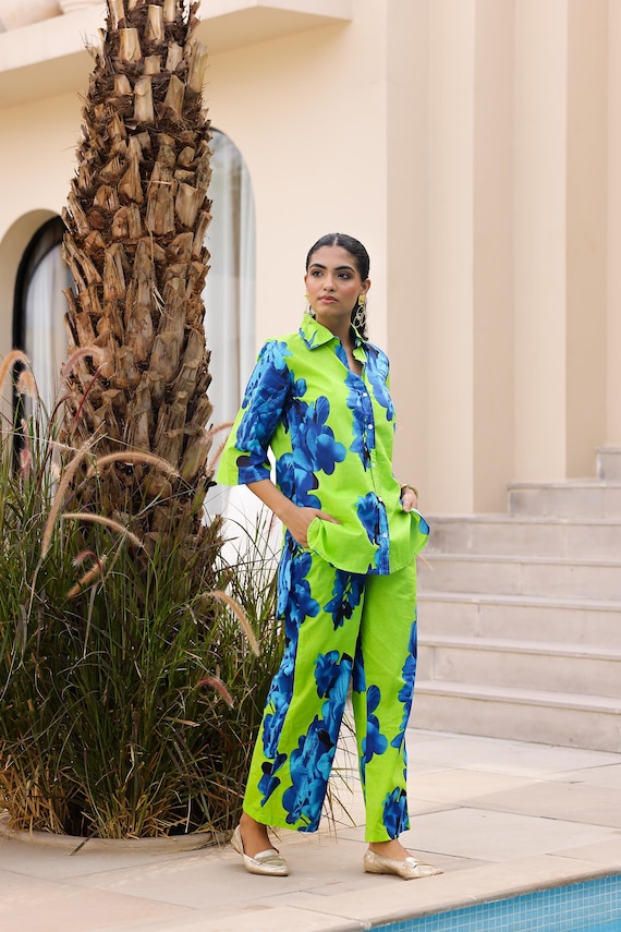 Green Floral Co-ord Set Tropical Cotton Two Piece Set for Women