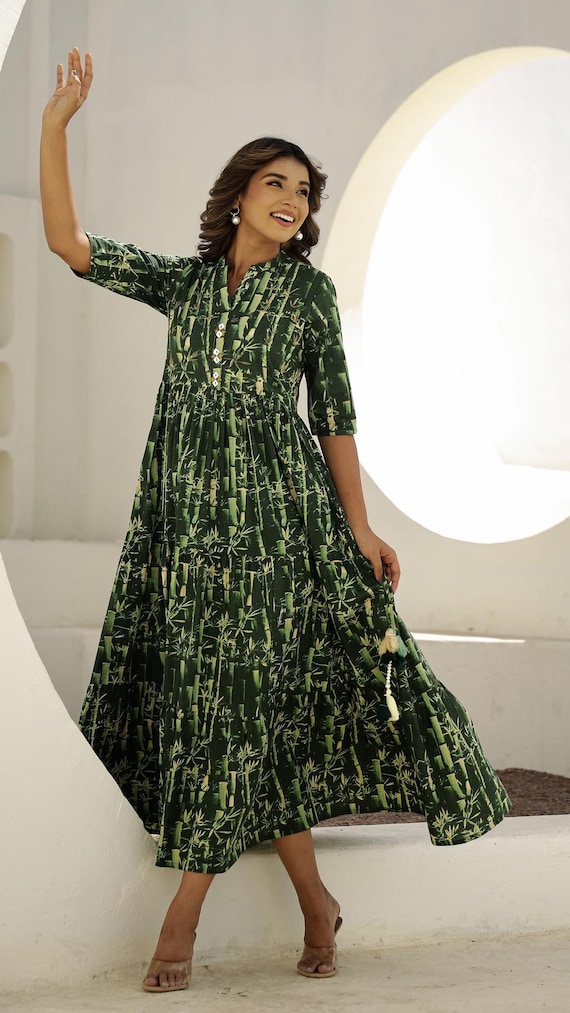 Green Bamboo Print Cotton Maxi Dress With Tassels  Ethnic Boho Long Dress  for Women |diwali Festival Outfit,party Wear,holiday Summer Dress - Etsy