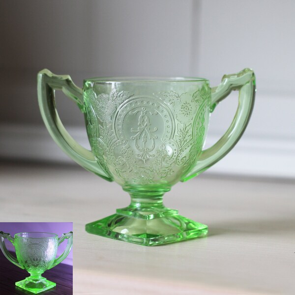 Vintage Uranium Glass Trophy Cup Sugar Bowl - 1940's Depression Glass Indiana Glass Horseshoe Pattern Footed Sugar Bowl - Vaseline Glass