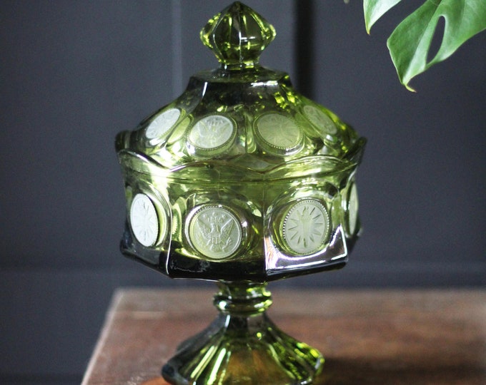 Vintage Fostoria Coin Green Glass Pedestal Candy Dish W Lid - Mid