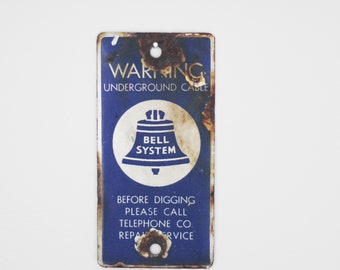 Vintage Bell System Underground Telephone Cable Warning Porcelain Sign - Antique Porcelain Sign - Blue and White Industrial Wall Decor