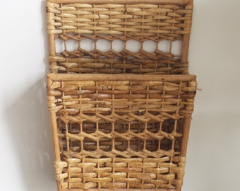 Vintage Wall Mounted Wicker Basket - Mid Century Mod Wicker Rattan Wall Pocket Magazine Basket Planter