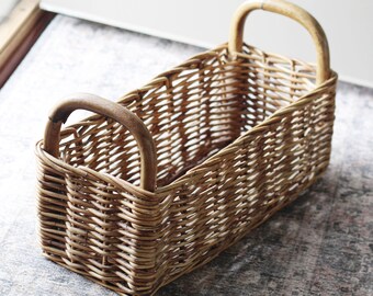 Vintage Large Rectangle Cane Basket - Vintage Rectangular French Market Basket 18" Long - Wicker Caning Rattan Basket with Handles