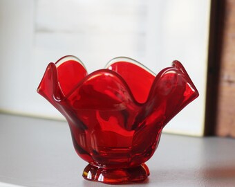 Vintage Amberina Viking Glass 5" Ruffled Edge Small Bowl - Mid Century Mod Ruby Red Art Glass Petal Edge Bowl - MCM Viking Glass Bowl