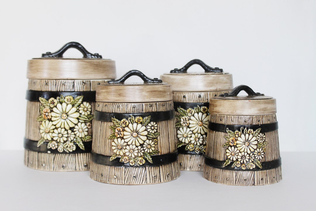 Vintage 1970's Floral Barrel Canister Set Four Piece Mid Century MMS