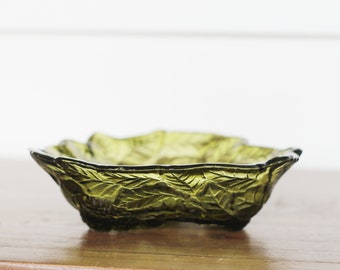 Vintage Pressed Green Glass Raspberry Dish - Mid Century Green Pressed Glass Raspberry and Leaves Shallow Bowl Candy Dish