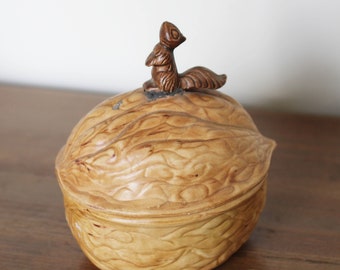 Vintage Acorn Lidded Bowl with Squirrel Topper - Vintage Hand Painted Acorn Bowl Dish w Lid